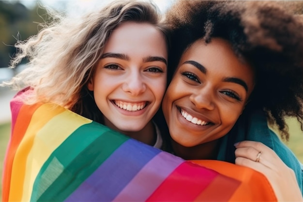 Mujeres jóvenes felices abrazando sosteniendo la bandera LGBTQ AI Generativo
