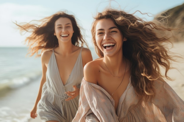 Mujeres jóvenes felices caminando por una playa.