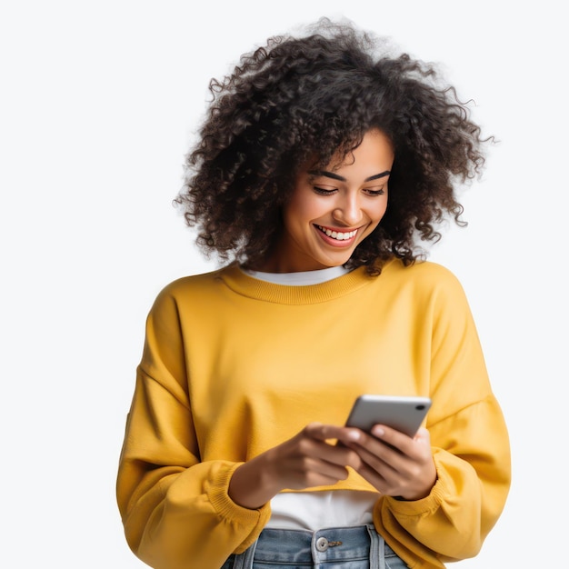 mujeres jóvenes felices sosteniendo su teléfono celular y mirando la pantalla del teléfono fondo blanco