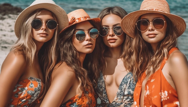 Mujeres jóvenes con gafas de sol disfrutan de vacaciones de verano generadas por IA