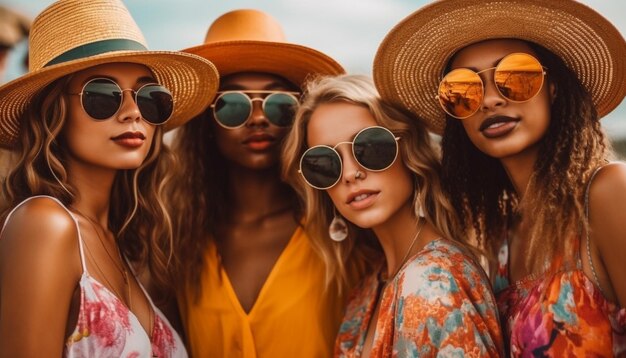 Mujeres jóvenes con gafas de sol disfrutan de vacaciones de verano generadas por IA