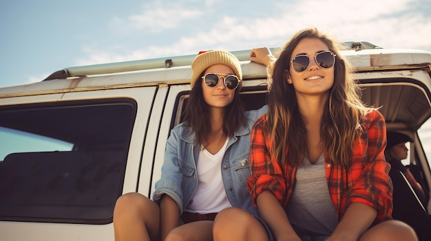 Mujeres jóvenes con gafas de sol sentadas en lo alto del techo de una minivan