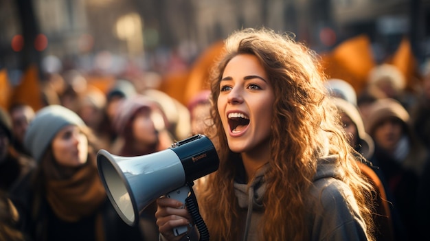 Mujeres jóvenes gritando en el megáfono transmitiendo un mensaje