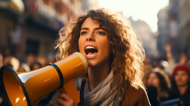Mujeres jóvenes gritando en el megáfono transmitiendo un mensaje