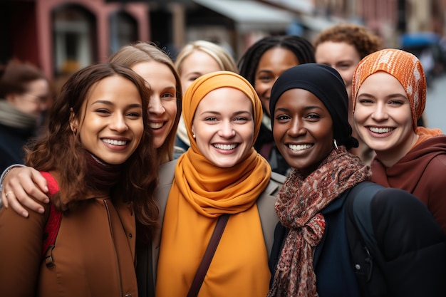 Mujeres jóvenes multiétnicas celebrando juntas el Día Internacional de la Mujer