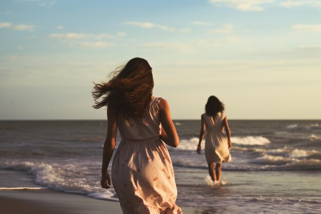 Mujeres jóvenes paseando por una playa.