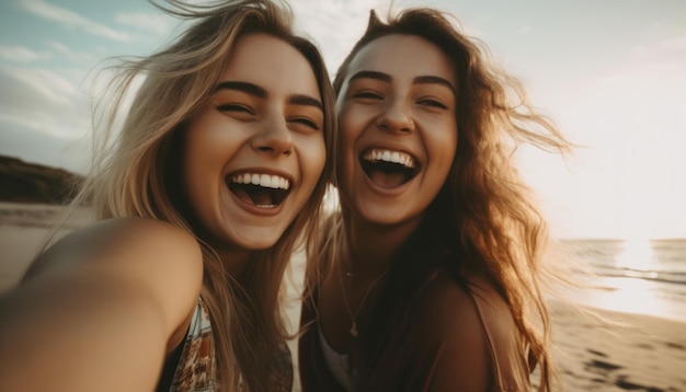 Mujeres jóvenes en la playa tomando selfie y riendo