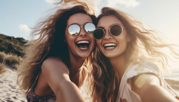 Mujeres jóvenes en la playa tomando selfie y riendo