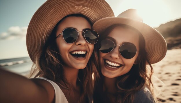 Mujeres jóvenes en la playa tomando selfie y riendo