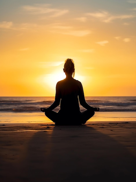 Mujeres jóvenes practicando yoga cerca del océano al amanecer IA generativa