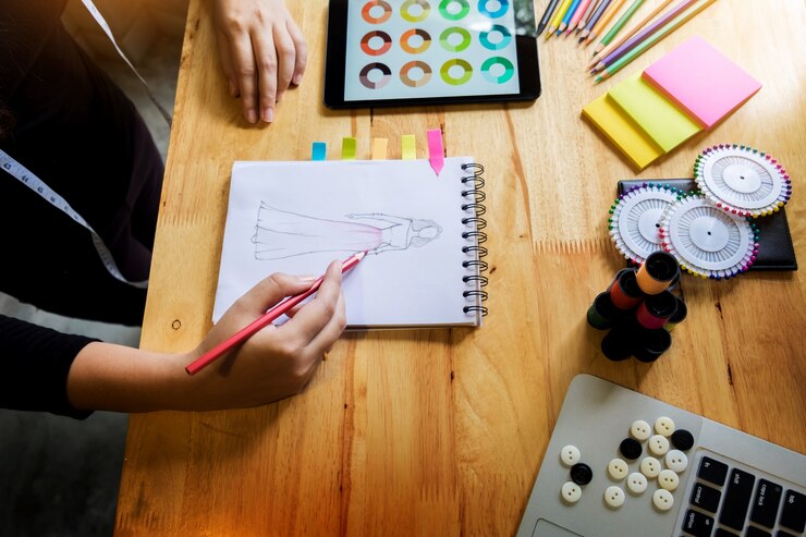Foto mujeres jóvenes que trabajan como diseñador de moda dibujo de bocetos para la ropa en el papel de taller en el lugar de trabajo estudio.