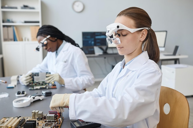 Mujeres jóvenes que trabajan en laboratorio de ingeniería