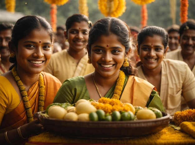 Mujeres jóvenes sonrientes en la feliz celebración de Onam