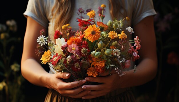 Mujeres jóvenes sosteniendo un ramo de flores multicolores al aire libre generadas por inteligencia artificial