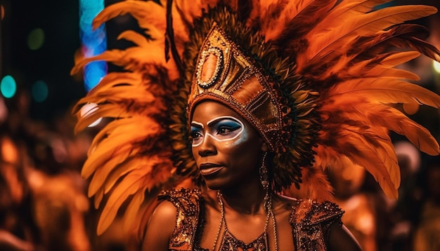Mujeres jóvenes con vestimenta tradicional celebran la noche de carnaval generada por IA