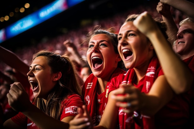 Mujeres jubilosas celebrando el gol en la fiesta de visualización