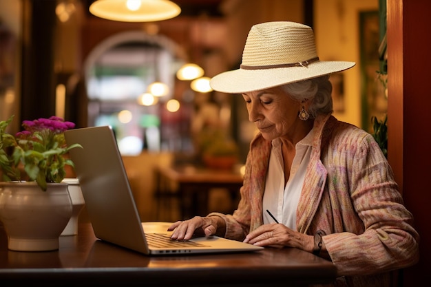 Mujeres latinas maduras con sombrero de paja trabajando con una computadora portátil en la cafetería