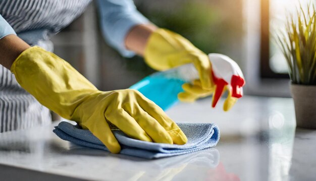 mujeres limpiadoras con las manos en guantes que simbolizan la diligencia y la dedicación en las tareas de limpieza doméstica