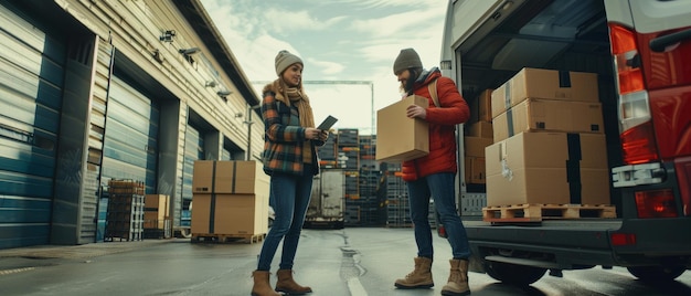 Foto mujeres en logística distribuciones almacén usando tabletas hablando con el conductor de entrega cargando camiones con cajas de cartón pedidos en línea compras de bienes de comercio electrónico