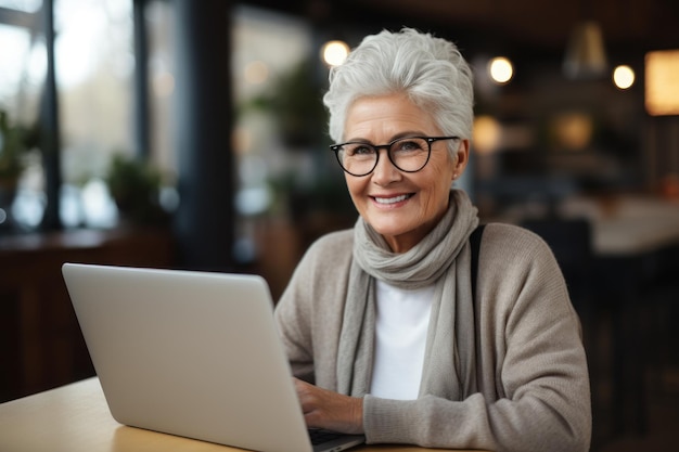 Mujeres maduras con computadora sonriendo IA generativa