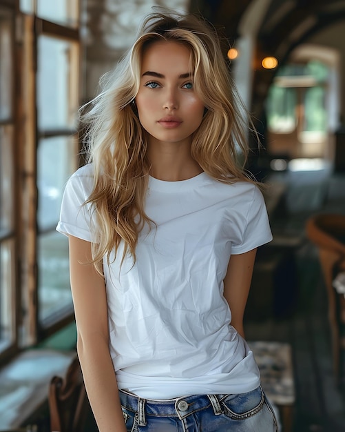 Mujeres de manga corta blanca T-Shirt de cuello redondo Mockup Es una herramienta útil para los diseñadores de ropa