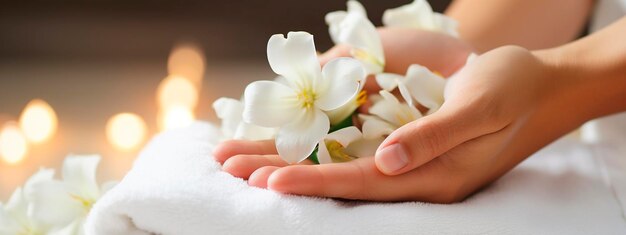 Foto mujeres con manos de flores salón de spa ia generativa blanca