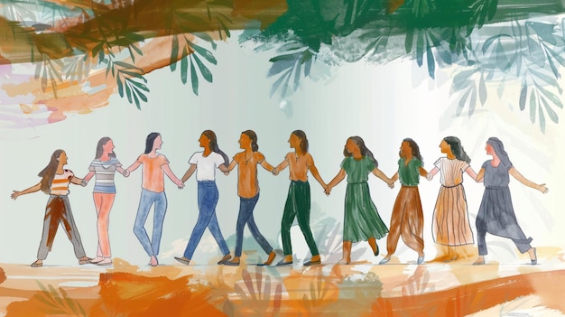 Mujeres con las manos en una pintura colorida con un fondo blanco