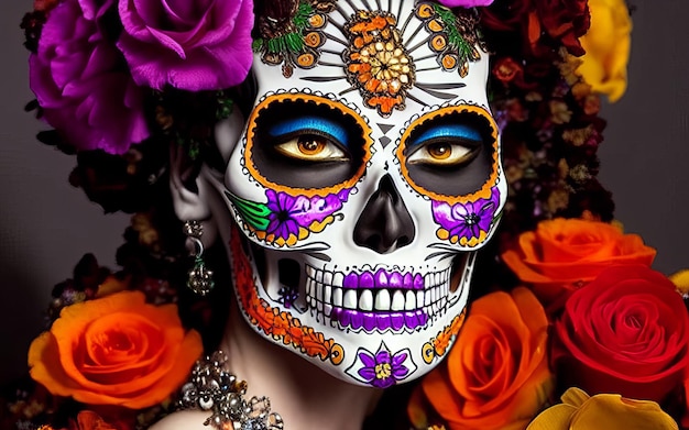 Mujeres con maquillaje cara tatuajes halloween para la celebración del festival mexicano día de los muertos dia de los