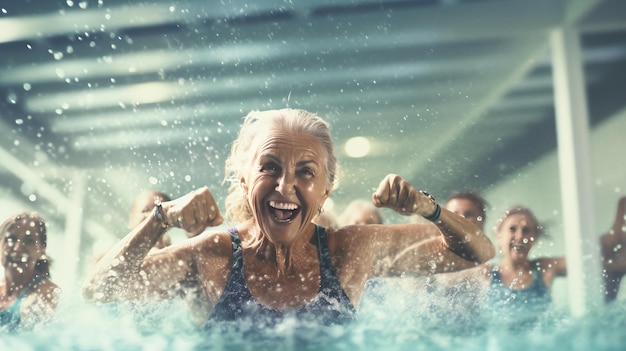 Mujeres mayores activas en clase de aqua fit, alegría y camaradería