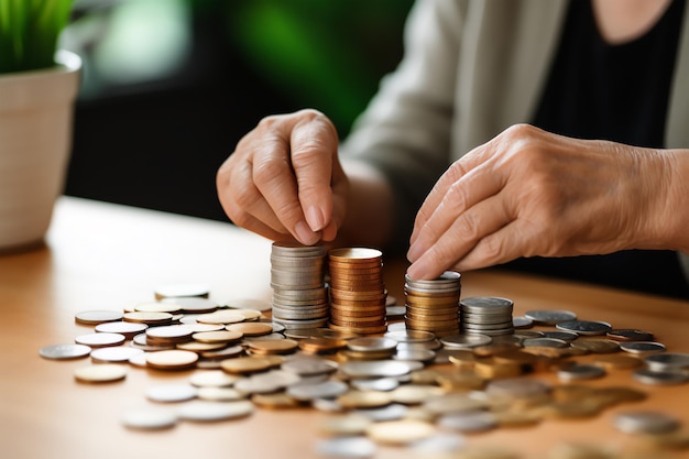 Mujeres mayores apilando monedas en la mesa