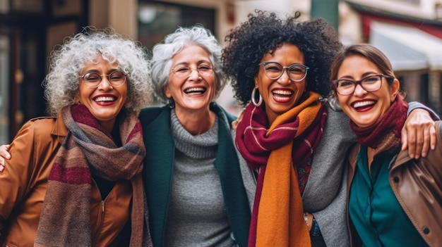 Mujeres mayores multirraciales que disfrutan al aire libre en una calle de la ciudad IA generativa