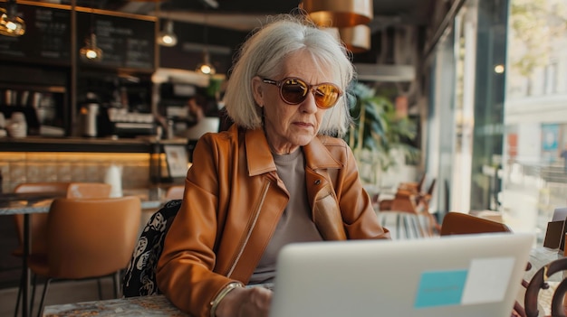 Mujeres mayores con ropa casual y gafas de sol trabajando en una computadora portátil en un café de interior moderno