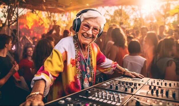 Mujeres mayores sonrientes en la fiesta Fun Crowd con DJ y equipo de audio divertido concepto de vida senior