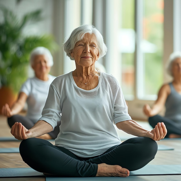 Foto mujeres mayores en yoga generadas por ia