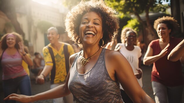 Mujeres de mediana edad disfrutando de una alegre clase de baile expresando francamente su estilo de vida activo a través