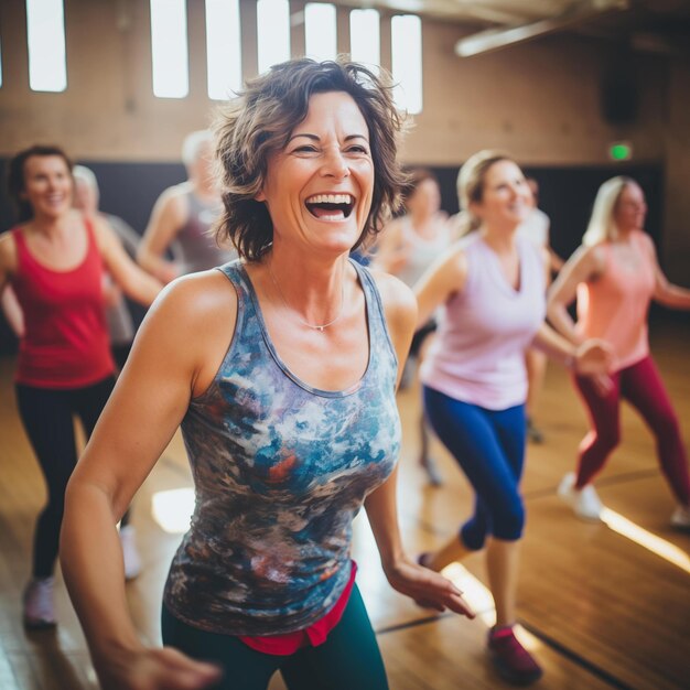 Mujeres de mediana edad disfrutando de una alegre clase de baile IA generativa