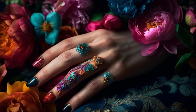 Mujeres a la moda exhiben uñas manicu con decoración floral generada por IA
