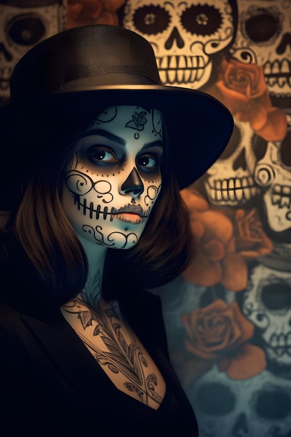 mujeres morenas con sombrero gótico maquillaje de calavera de azúcar