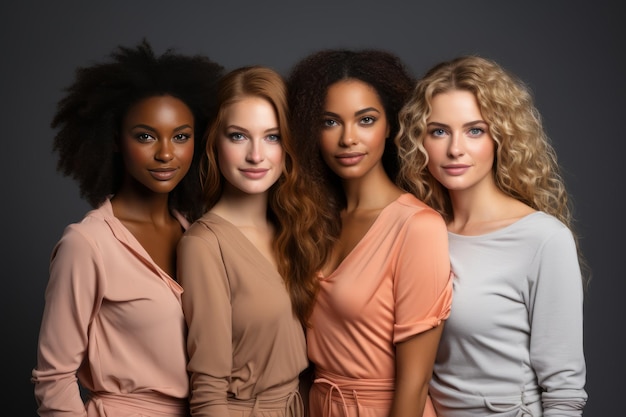 mujeres multiétnicas jóvenes alegres amigas sonriendo a la cámara posando juntas