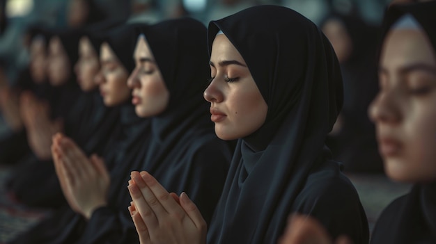 Mujeres musulmanas con camisas negras haciendo la oración