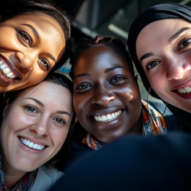 Mujeres musulmanas felices de pie en la ciudad y sonriendo