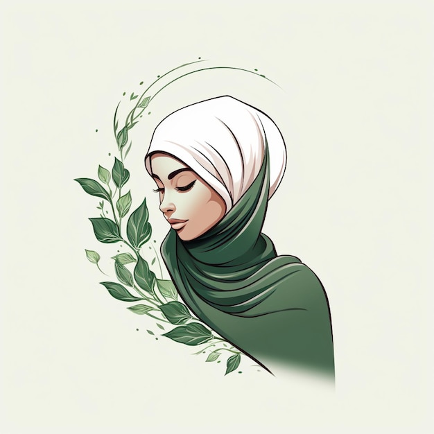 Mujeres musulmanas con hijab con hojas dibujadas a mano con un logotipo de ilustración de arte de línea para moda boutique o negocios