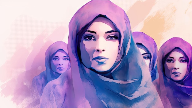 Mujeres musulmanas en Irán abogan por los derechos de las mujeres ilustración acuarela en tonos púrpura IA generativa