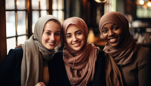Mujeres musulmanas sentadas en una cafetería divirtiéndose