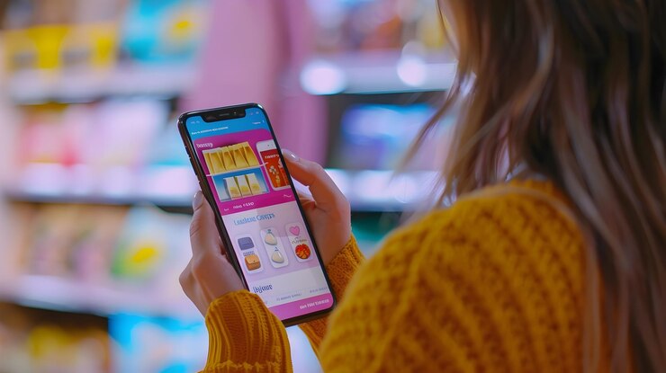 Foto mujeres navegando y comprando productos en la aplicación móvil de teléfonos inteligentes para compras en línea y comercio electrónico