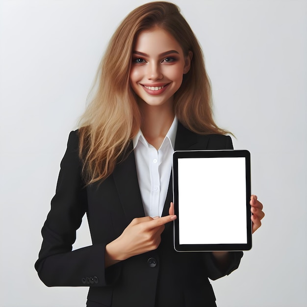 Mujeres de negocios jóvenes sonrientes que muestran una pantalla de tableta vacía de pie sobre un fondo blanco