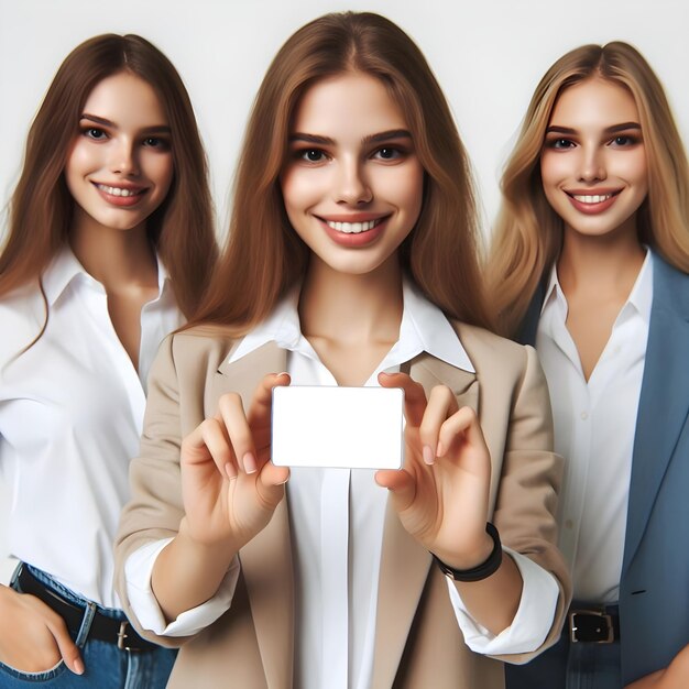 Foto mujeres de negocios jóvenes sonrientes que muestran una tarjeta de identificación vacía demuestran promociones de pie en blanco