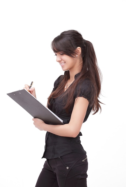 Mujeres de negocios modernas con documentos.Aislado en blanco. foto con espacio de copia