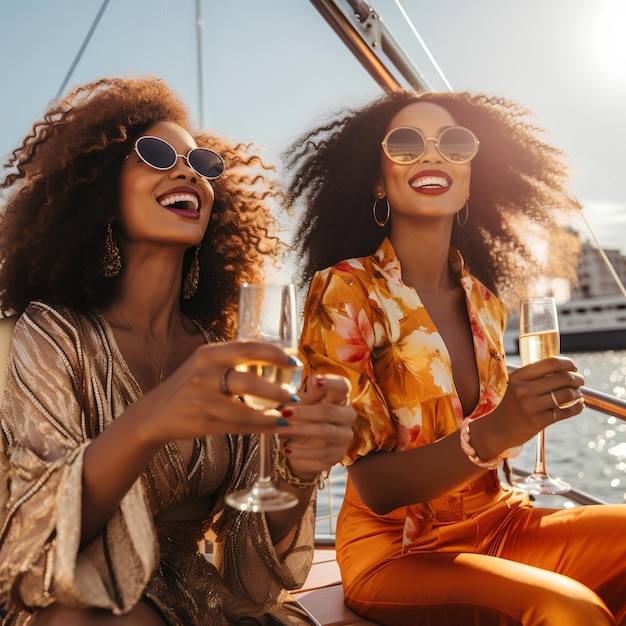 Mujeres negras en un yate celebrando con ropa moderna