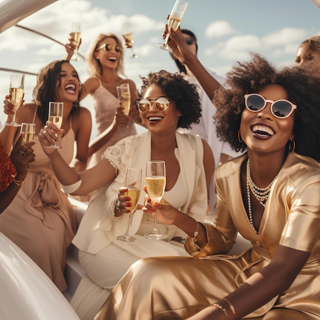 Mujeres negras en un yate celebrando con ropa moderna